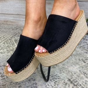 Black espadrille wedge slip on